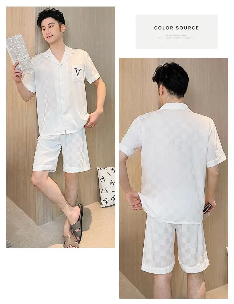 

Couple Pajamas Satin Plaid Print Sleepwear 2PCS Shirt&Shorts Suit Ice Silk Summer Nightwear Turn-Down Collar Home Clothes