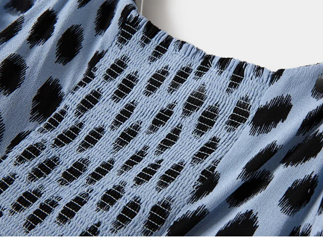

Dot Print Women Blue Midi Dress 2021 Spring Summer Puff Sleeve Split Slim Pleated Square Collar Long Dresses For Holiday
