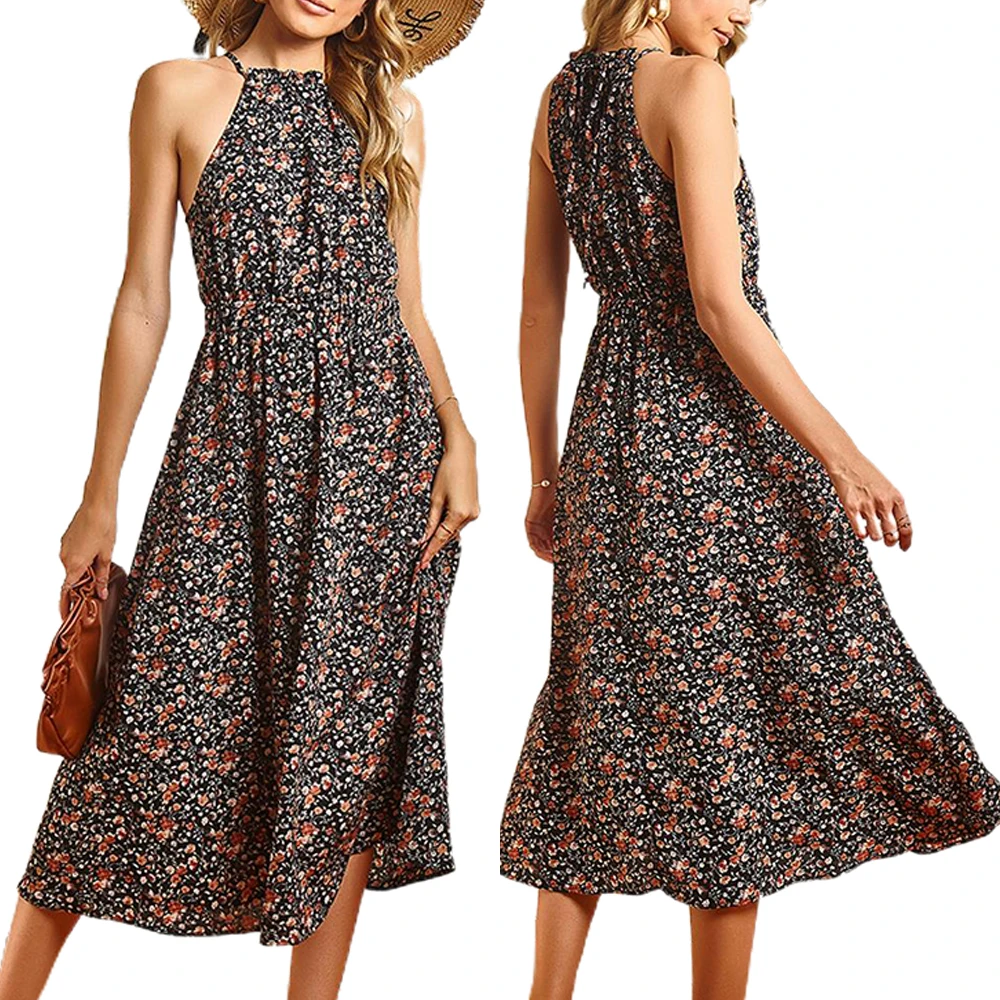

Collect Waist Sexy Floral Print Backless lady Dress Fit and Flare Mid-Calf Beach Style Neck-mounted Women's Summer Dresses 2021