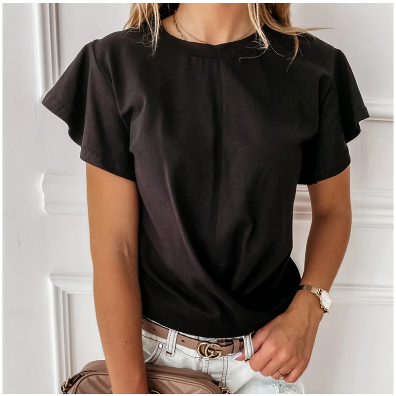 

2021 summer solid color fashion new women's loose round neck bottoming shirt ruffled short-sleeved T-shirt women's pullover top