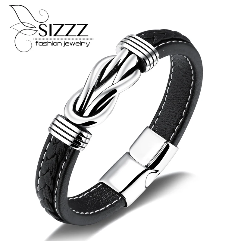 2019 черный браслет из натуральной кожи мужские браслеты нержавеющей стали
