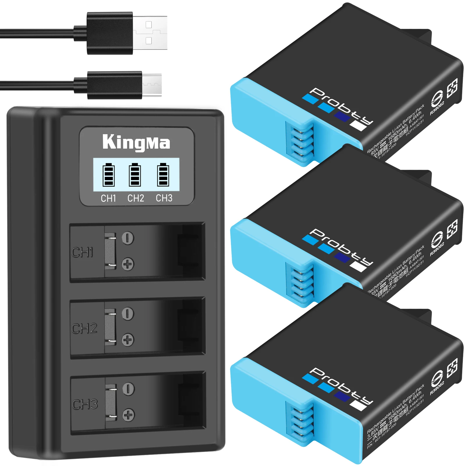Зарядное устройство Probty1680mAh Hero 8 с 3 слотами и ЖК дисплеем USB кабель для GoPro 6 7