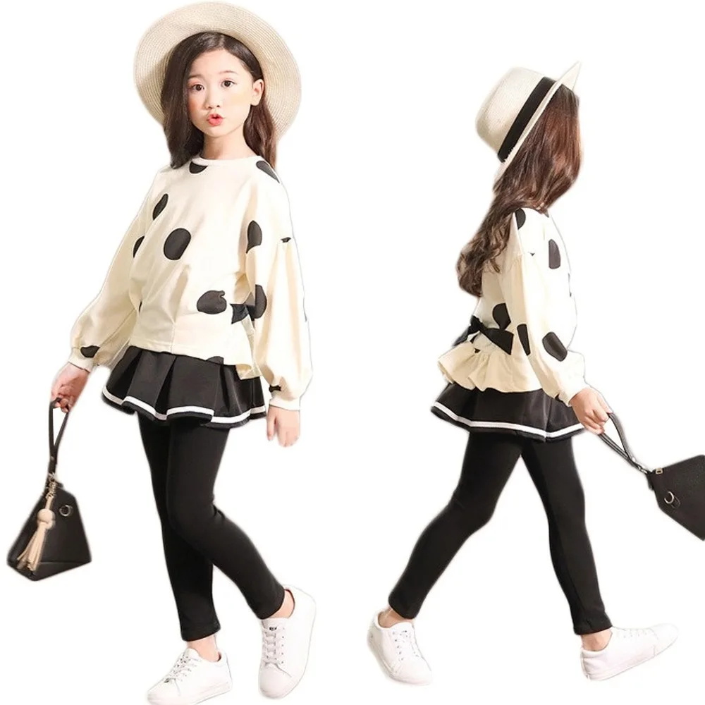 

New Children's Clothing Autumn Top Pant 2 Pieces Suit Sets Girl Spring Autumn Stretch Long-sleeved Dot Red Shirt Leggings Skirts