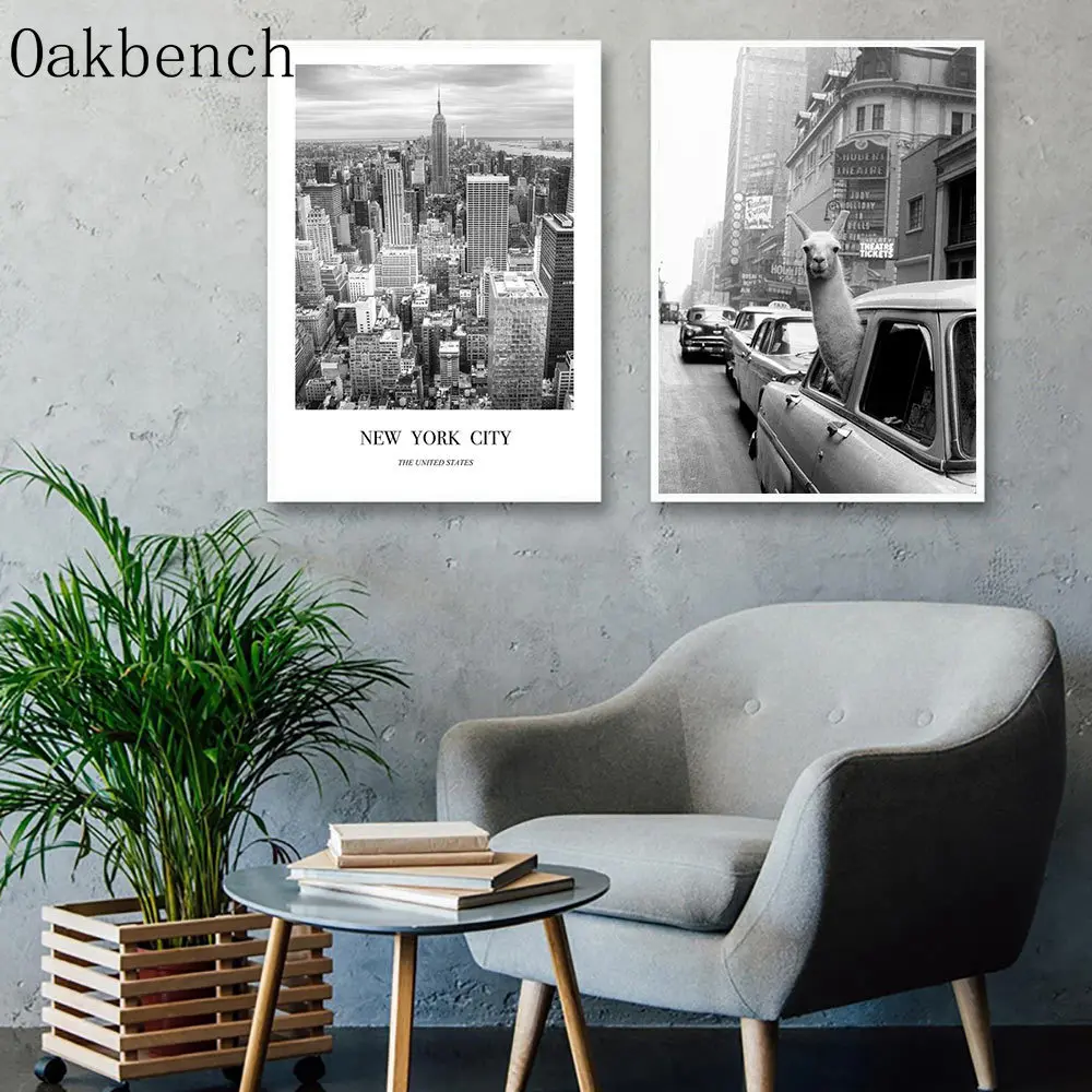 Черно-белая холщовая картина лама в такси Настенная для гостиной животные