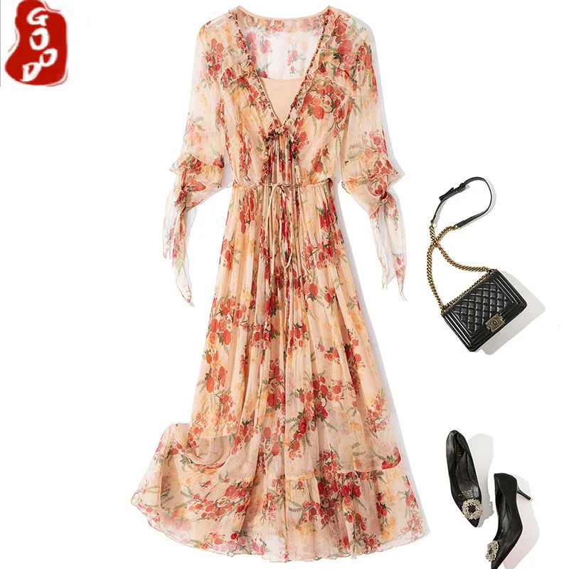 

Fashion 2021 100% Silk Summer Dress for Women Beach Floral Ladies Dresses Elegant Midi Woman Dress Vestido De Mulher 3744