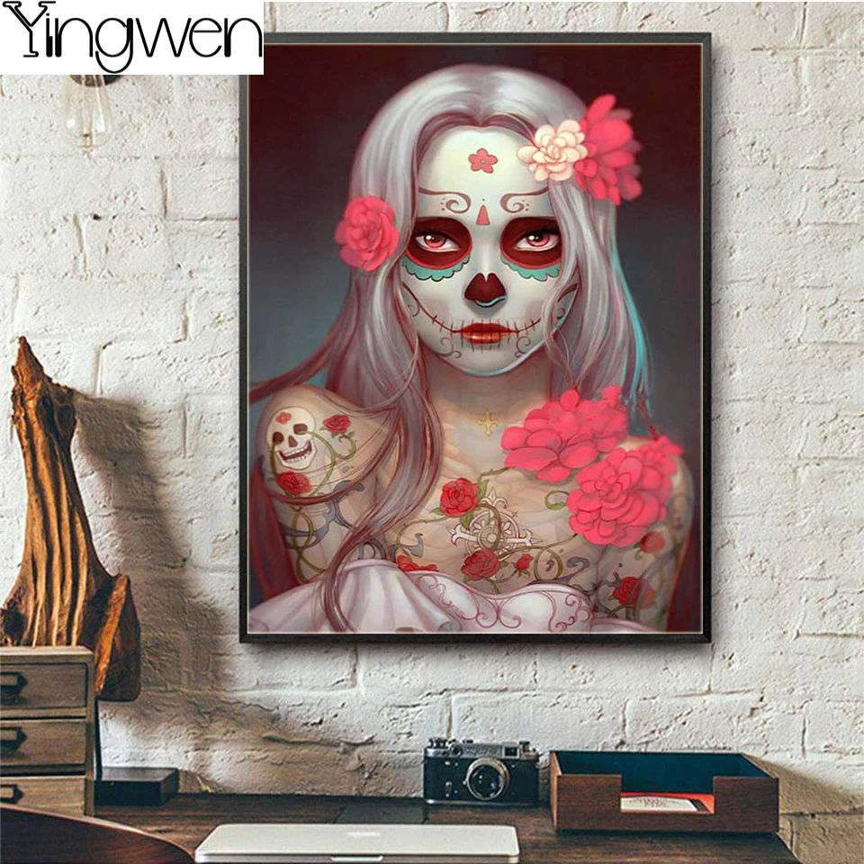 

Skull Girl 5D Diamond Painting Cross Stitch Gothic Home Decor Flower Full Diamond Mosaic Woman Portrait Painting Diamond Picture