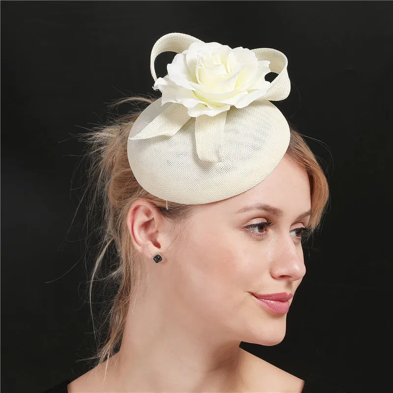 

Vintage Ivory Fascinator Wedding Hat Chic Imitation Sinamay Fedora Cap With Beautiful Flower Millinery Cap Pary Hair Accessory