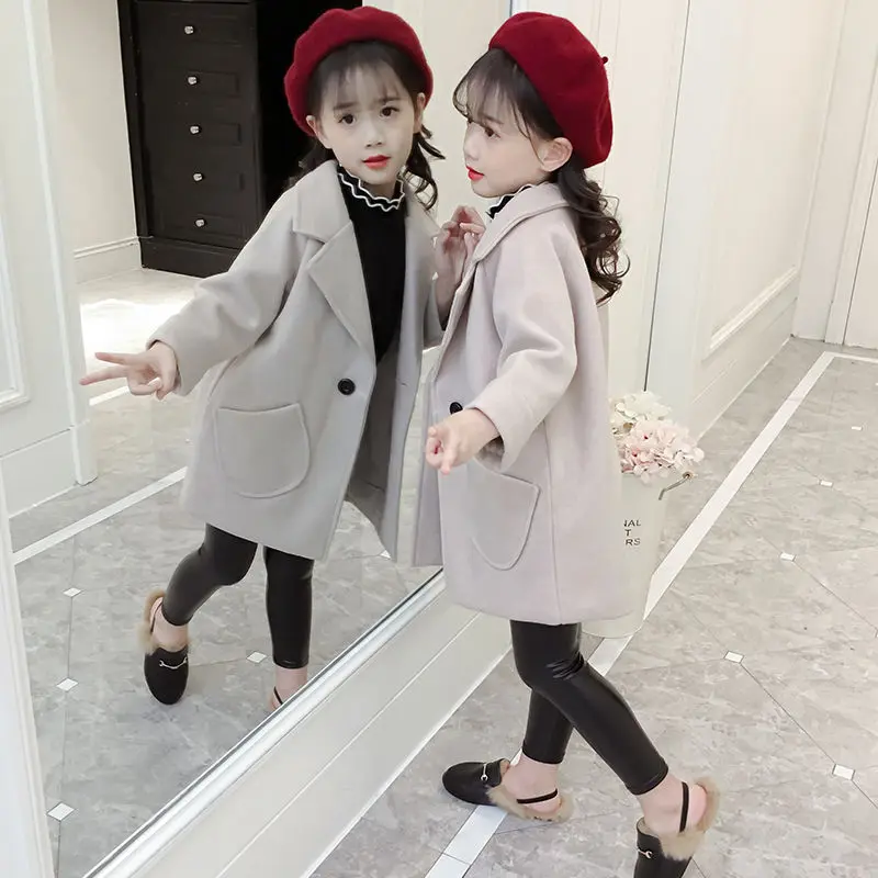 Girls autumn new autumn dress woolen coat girls long-sleeved clothes in the big children's long trendy coat