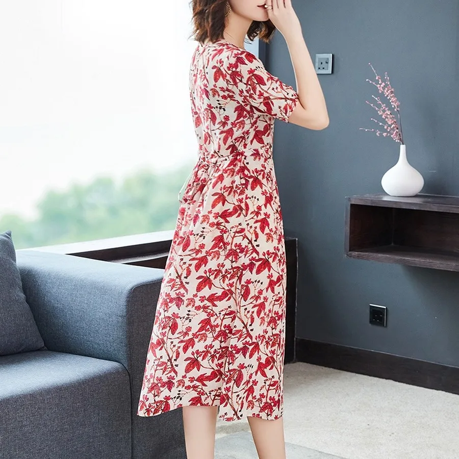 

2021 Spring Summer Mulberry Silk Floral Midi Dress Vintage 3XL Plus Size Print Runway Dress Classy Women Bodycon Party Vestidos