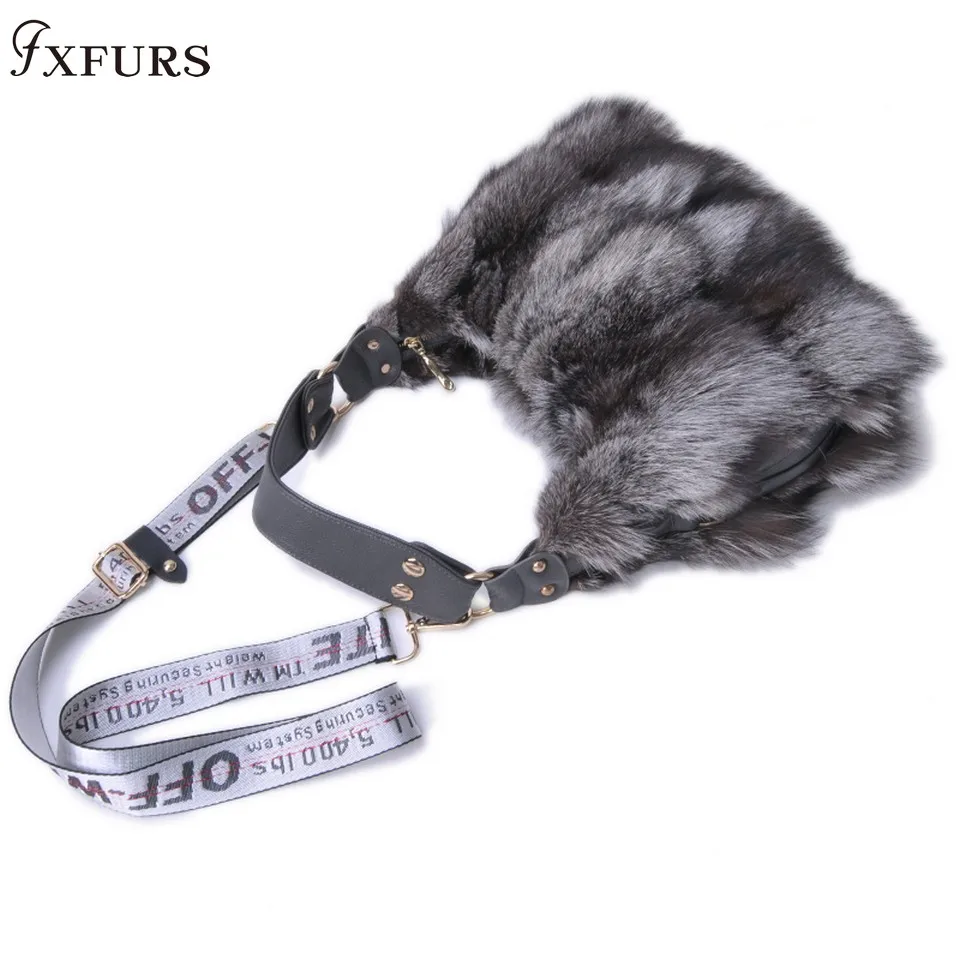 FXFURS, новинка, сумки из натурального лисьего меха, женские сумки через плечо на одно плечо, сумки через плечо из меха серебристой лисы, большие женские клатчи - Цвет: silver fox fur 2