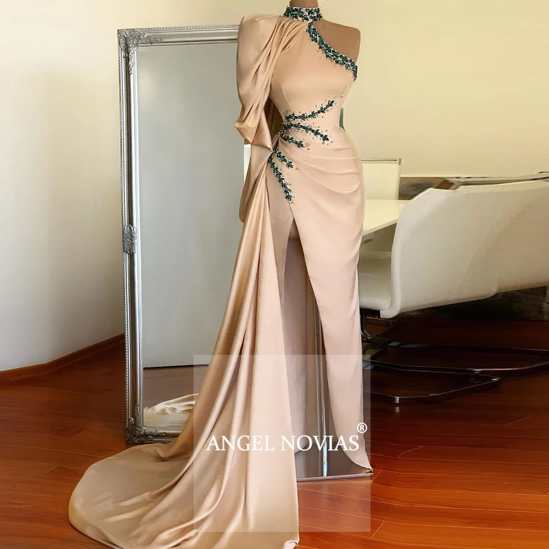 

Длинное вечернее платье цвета шампанского с высоким воротом, 2020, с разрезом, арабское платье, длинное вечернее платье, 2018