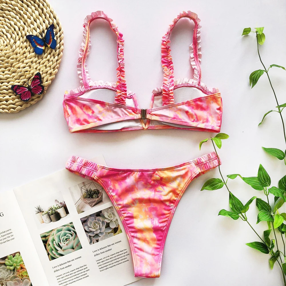 Бикини Amecire с принтом на завязках стринги укороченный купальник 2020 оборками