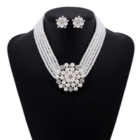 new silver bridal pearl jewelry sets for women european fashion choker multi layer flower crystal necklace and earrings set
