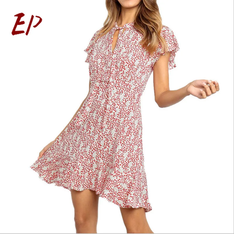 

EP 2020 Summer Pink Short Dress For Women Print A-Line V-Neck High Waist Casual Female Fashion Bodycon Dress
