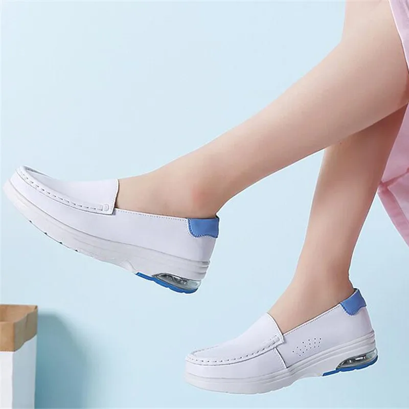 Flats Shoes Women Real Leather Loafers Nurse Platform Shoes Casual Slip on White Rubber Shoes for Women Fashion Platform Flats