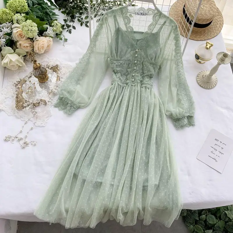 

2021 Spring Women Mesh Lace Crochet Dresses V-neck Elegant Prom Puff Sleeves Dress Women Sexy Slim Swing Long Beach Dress