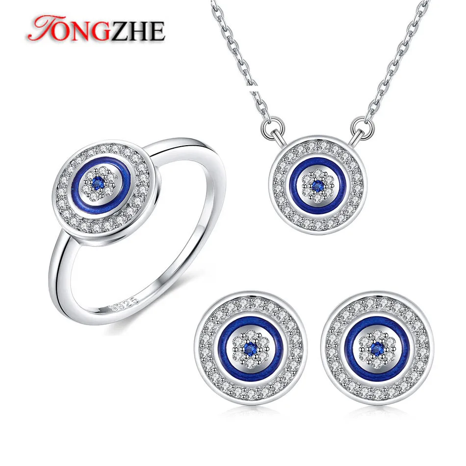

TONGZHE 925 Sterling Silver Nigerian Wedding Jewelry Set Blue Round Zirconia Evil Eye Earrings Necklace Rings For Women Lovers