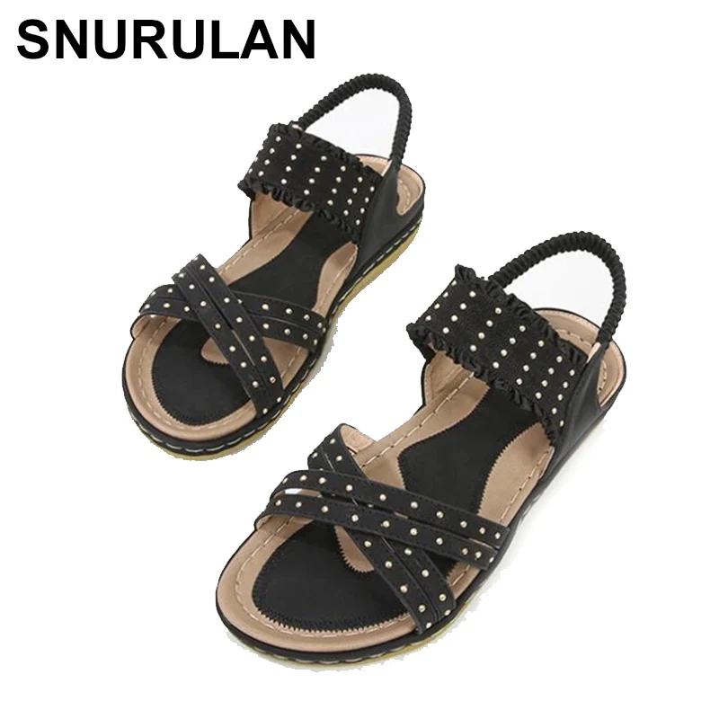 

SNURULAN Women Shoes Summer National Style Ladies Sandals Beach Travel Bohemian Rivet Plus Size Flat Shoes Female