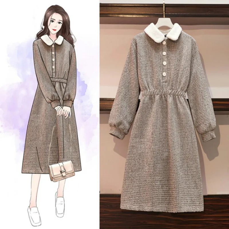 

Vintage Dresses 2020 Autumn Winter Plus Size Solid Long Sleeve Dress Elegant Ladies Fur Collar A-line Dress Women Party Vestidos