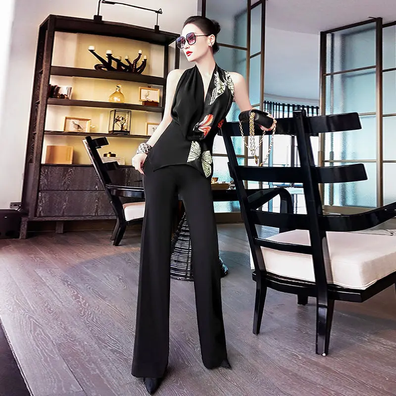 

Women 2021 Summer Elegant Printed 2 Pieces Set Female V-neck Sleeveless Tops & High Waist Flare Pants Set OL Style Lady Suit B20
