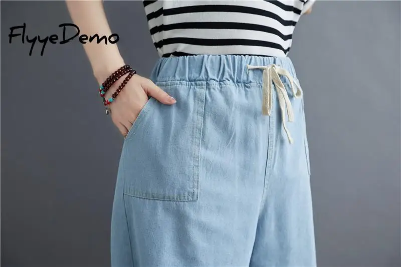 

Wide Leg Women Summer Pants Casual Trousers for Ladies Blue High Waist Drawstring Loose Denim Knee Length Jeans Plus Size 5XL