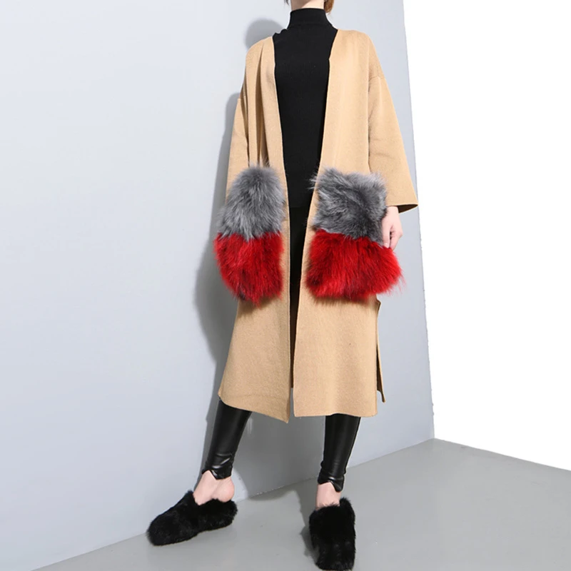 

Fur Pockets Patchwork Women's Knitted Cardigan Sweater Solid Loose Warm Long Overcoat Red Khaki Free Shipping