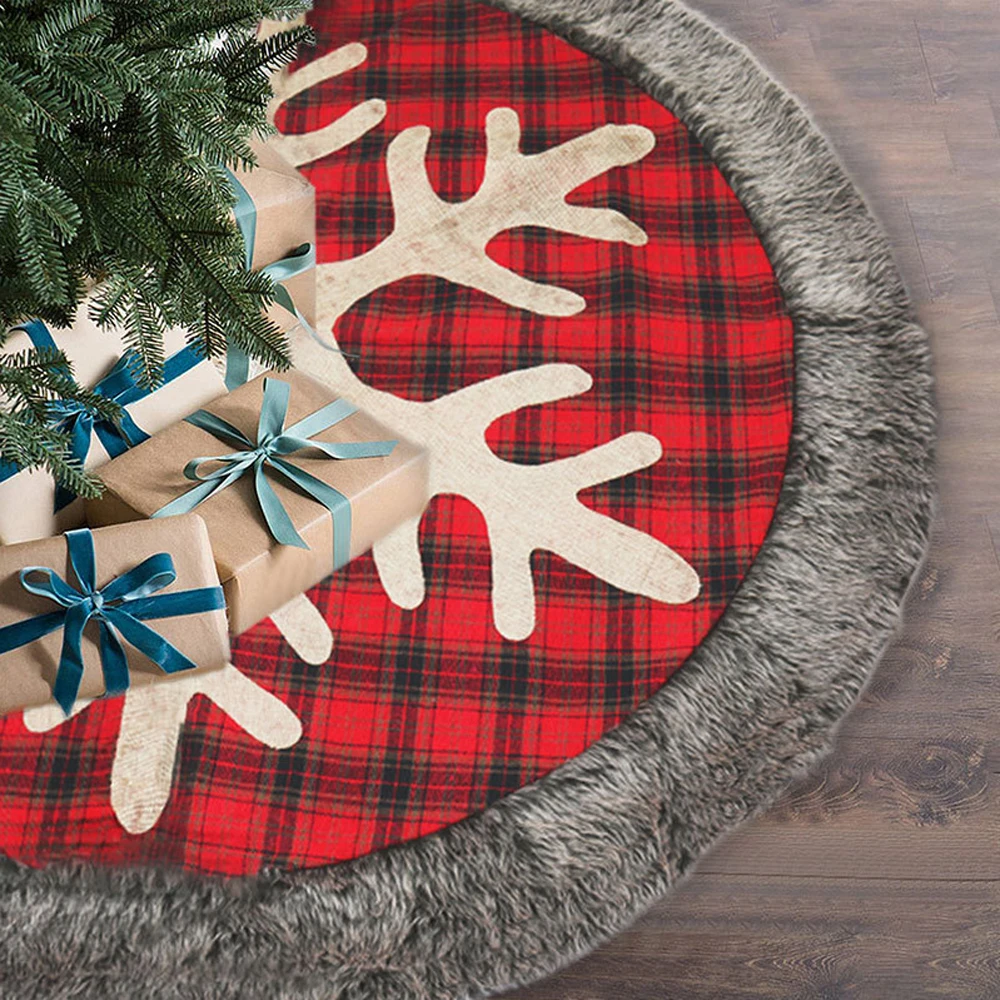 

Christmas Tree Skirt 48 Inches Large Burlap Plaid Christmas Tree Skirt With Snowflakes Faux Fur Border Xmas Tree Holiday Party