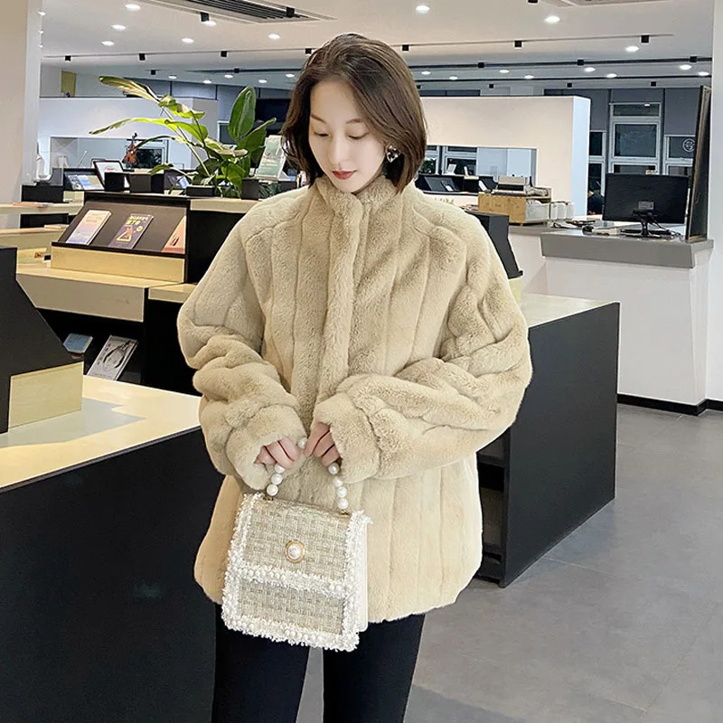 2021 Casual  Furry Faux Rabbit Fur Coat Women Stand Collar Winter Plush Fur Coats Warmer Long Sleeve High Quality Woman Jacket