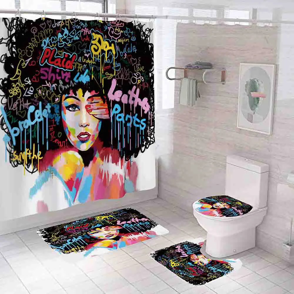 Комплект занавески для душа в афроамериканском стиле с граффити девушек и женщин