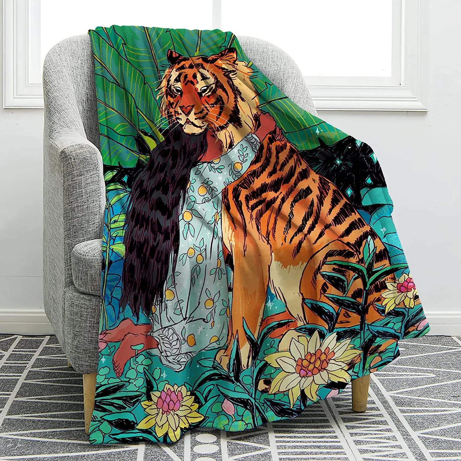 

Одеяло с тигром и девочкой, легкий плед с принтом джунглей, лесных цветов, животных, уютный теплый подарок для женщин и девушек