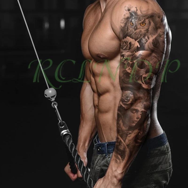 Водонепроницаемая Временная тату наклейка Сова цветы череп часы девушка рев