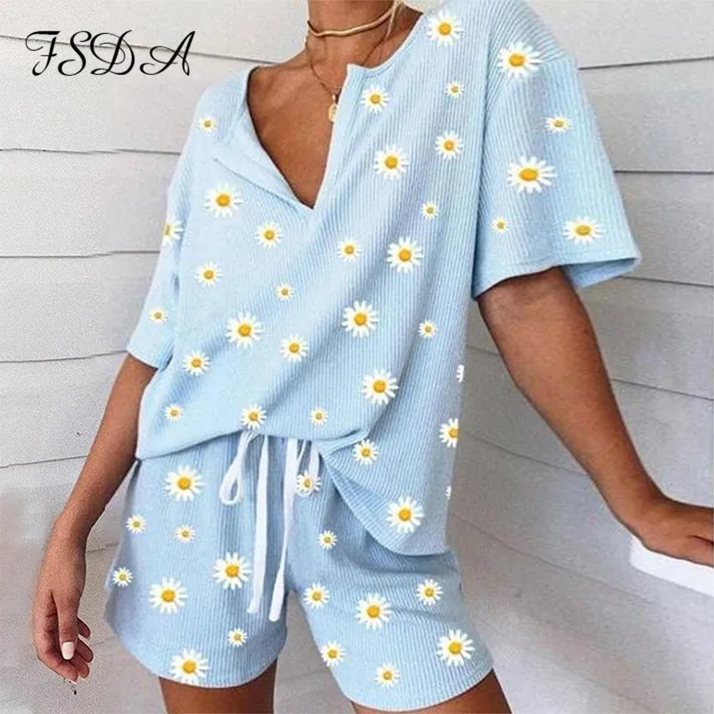 FSDA V Neck Floral Print Loose Women Set Short Sleeve Top Shirt And Shorts Casual Two Piece Home Blue Outfit Suit Sports | Женская