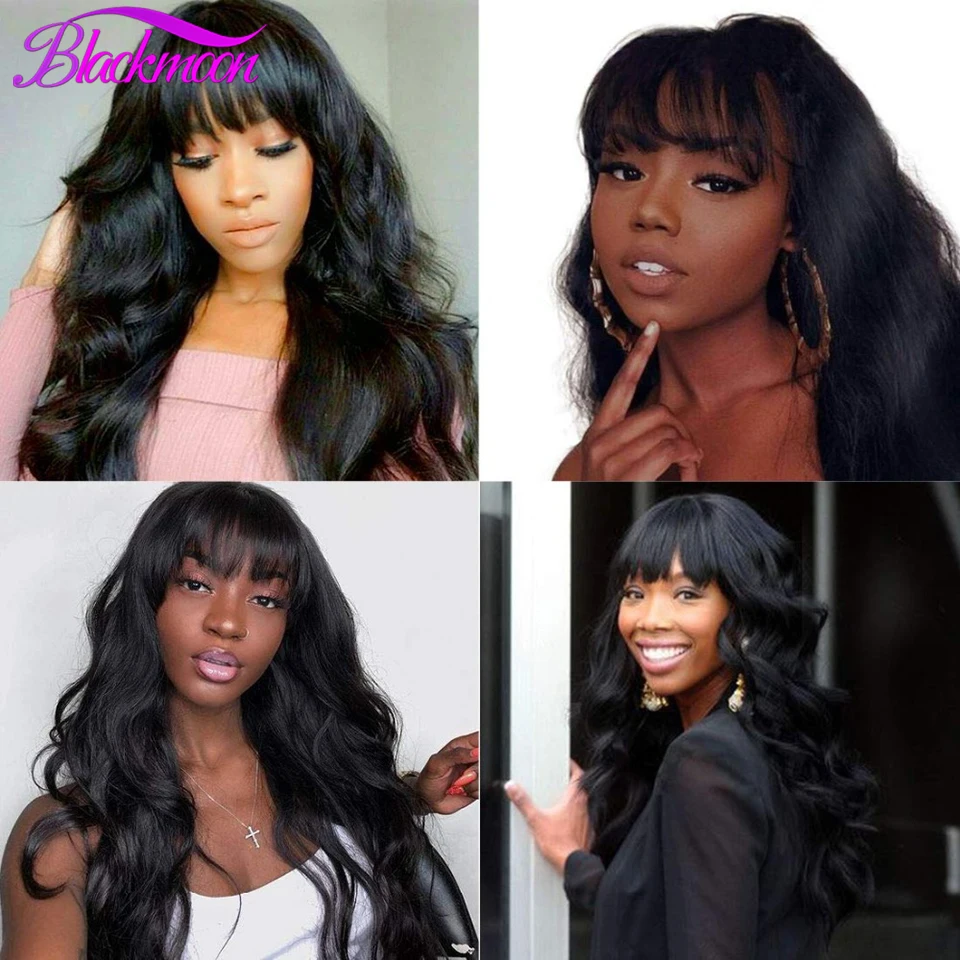 

Brazilian Body Wave Wig With Bangs Full Machine Made Wig Remy Hair Natural Color Body Wave Human Hair Wigs For Women Blackmoon