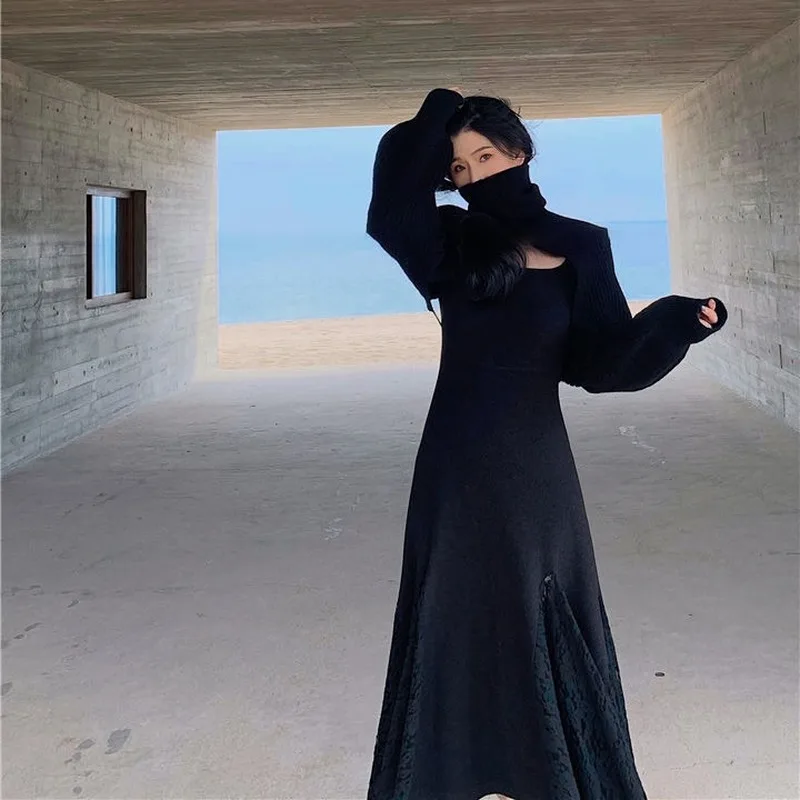 

Lace Knitted Dress Women Long Sleeve Square Clollor Slim Office Elegant Sweater Dress Female Chic Party One Piece Dress Korean