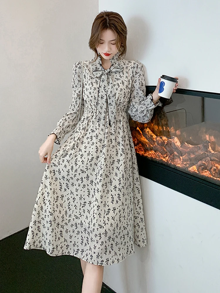 

Женское винтажное шифоновое платье, элегантное шифоновое платье с цветочным принтом, с кулиской и длинным рукавом, новинка весны-осени 2022