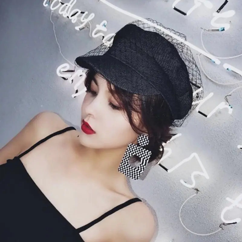 

British Style Retro Denim Flat Beret Cap with Mesh Veil Women Girl Sun Protection Visor Button Painter Elegant Military Navy Hat