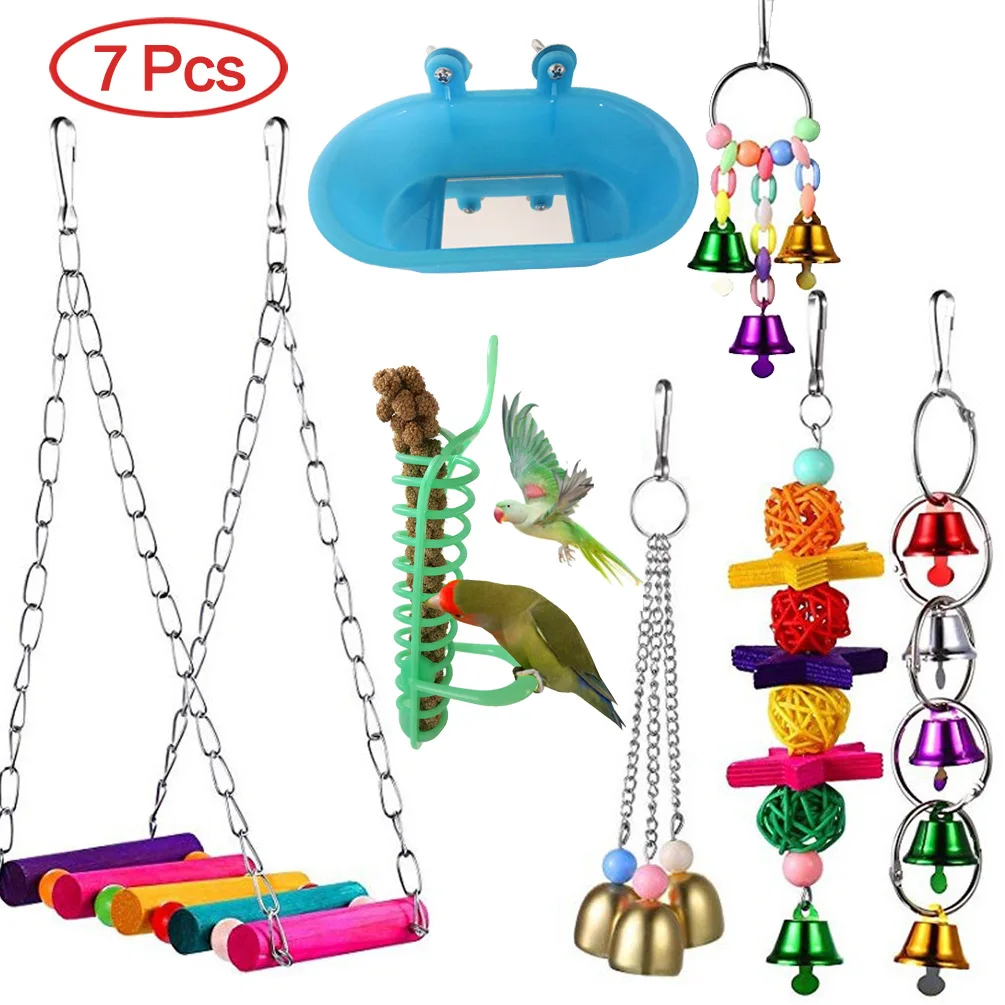 

7piece/set bird toys Foraging bath parrot swing Chewing toy stainless steel bird bell for parrots Parrot supplies