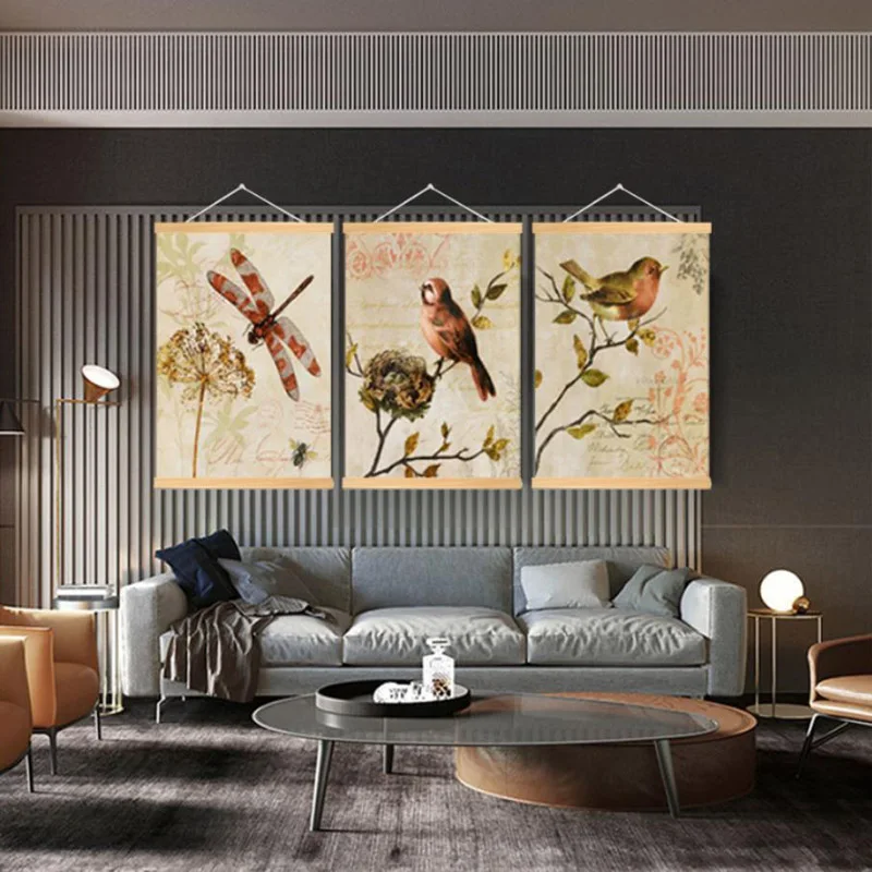

40cm American Retro Print Animal Poster Framed Bird Butterflies Scroll Paintings Wall Art For Studio Dining Room Decoration