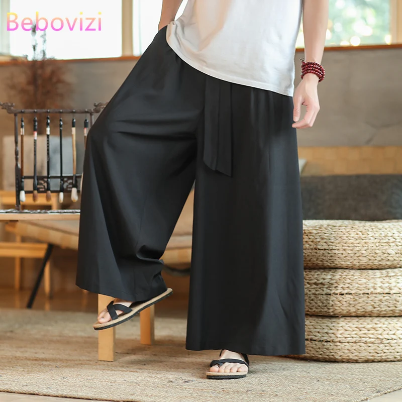 

Plus Size M-5XL Men Japan Samurai and Thai Wide Leg Pants Chinese Urban Streetwear Loose Green Grey Black Long Bottoms Clothes