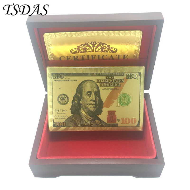 Коллекционные 100 долларов США Позолоченные покерные карты с красной деревянной