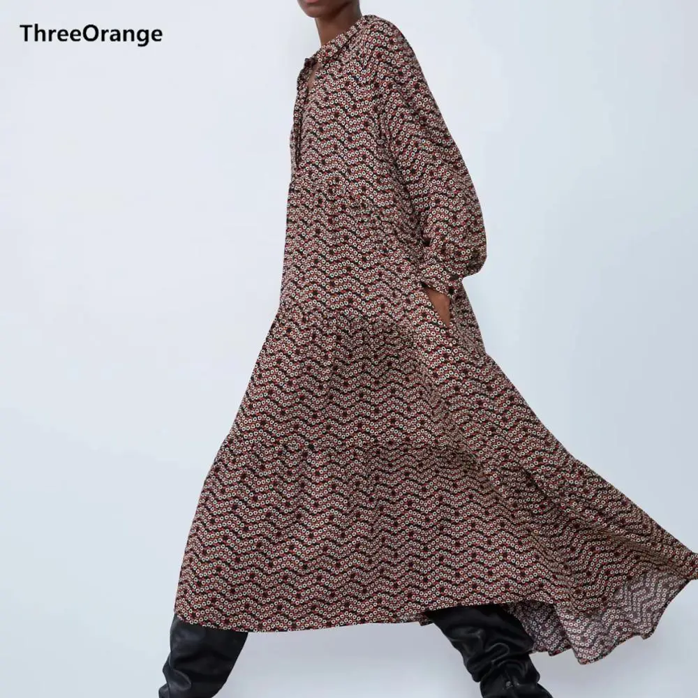 Женское платье с цветочным принтом ZA красное шикарное свободное элегантное