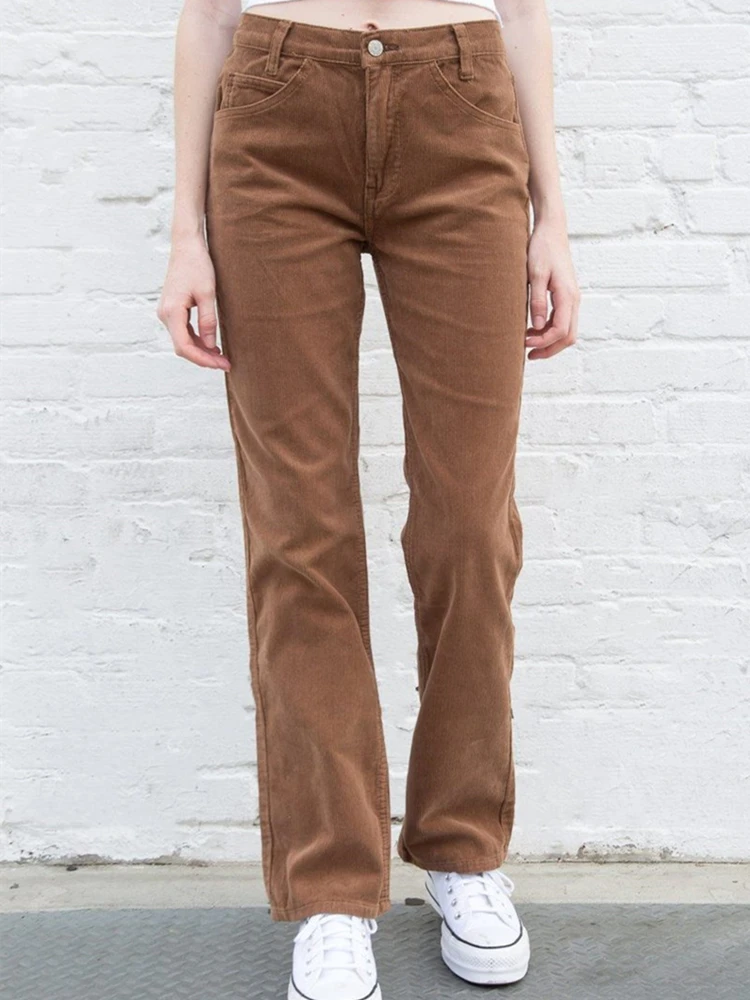 

High Waist Women Brown Corduroy Pants Straight Leg Vintage Comfortable Trousers Slant Pockets 90s Y2k Fashion Boyfriend 2021