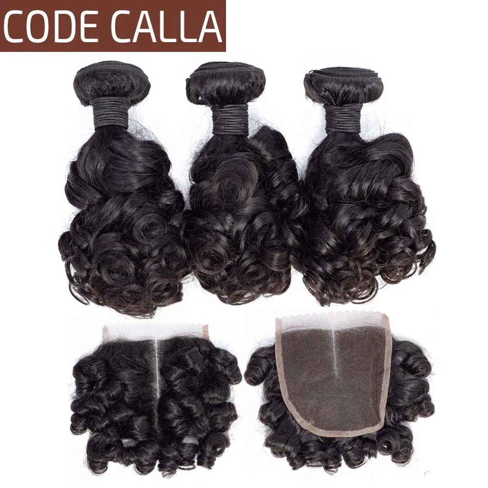 Код Calla Bouncy пучки вьющихся волос с закрытием шнурка малазийские Remy человеческие волосы переплетения для наращивания натуральный черный цвет для женщин