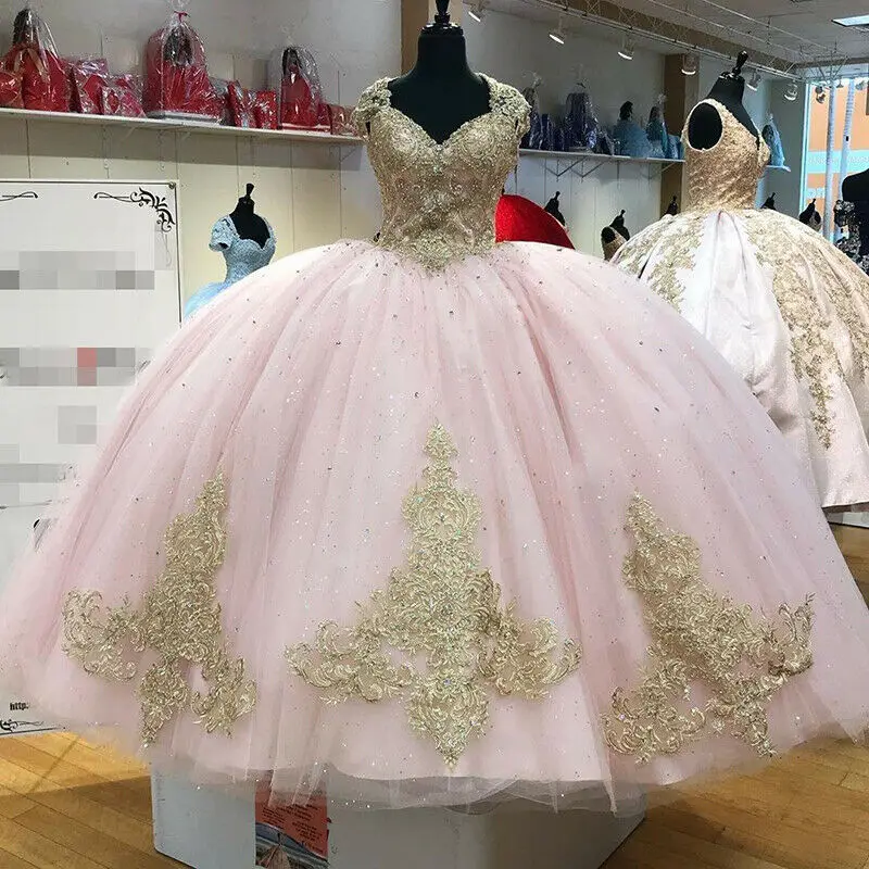 

Длинные розовые платья Quinceanera с золотым кружевом для 16-летнего платья, бальное платье, женское платье-корсет на спине для вечевечерние
