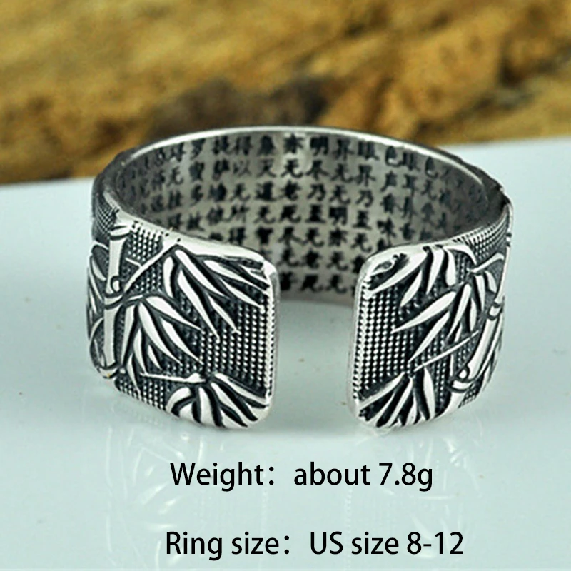 

V.YA 999 Pure Silver Buddhism Heart Sutra Rings For Men Classic Bamboo Leaves Thai Silver Open Ring Men's Fashion Jewelry