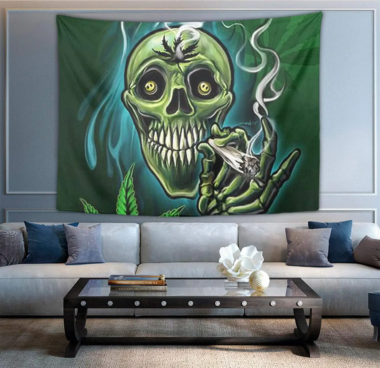 Гобелен в виде листьев марихуаны с черепом индийский хиппи богемный мандала