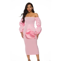 pink off shoulder lantern sleeves evening party dress elegant sheath sexy slash neck celebrate dinner bodycon dress plus siz