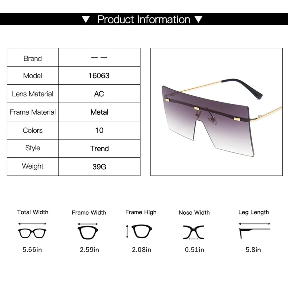 

2020 Fashion Glasses Oversized Frame Siamese Square Frameless Ocean Sunglasses Vintage Rimless Eyewear UV400 Big Shades