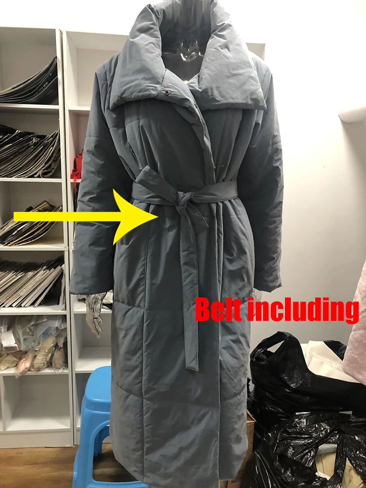 

WOTWOY Winter Thickening X-Long Parkas Women Wide-Waisted Loose Cotton Padded Jackets Female Green Grey Sashes Warm Windbreaker