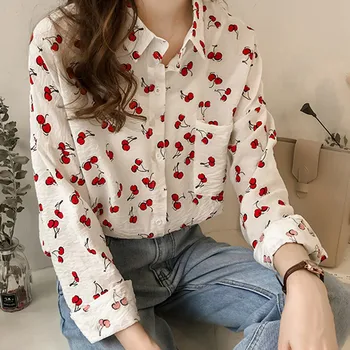 Women Vintage Matching Fruit Pattern Print Shirt Office Lady Long Sleeve Business Blouses Chic Autumn Retro Tops Блузки #g1 1